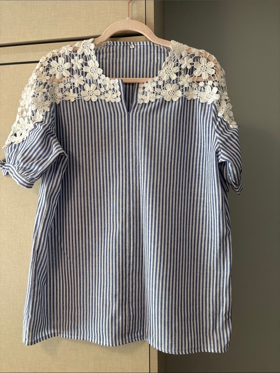 Tops - Striped Blue and White Crochet lace Yoke Women's Top size XL